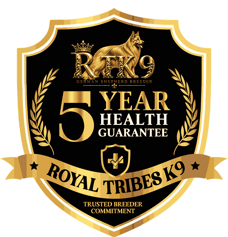 Royal Tribes K9 five-year health guarantee badge for German Shepherd puppies