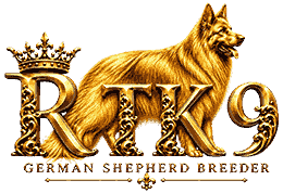 Royal Tribes K9 German Shepherd breeder logo with a golden German Shepherd and crown
