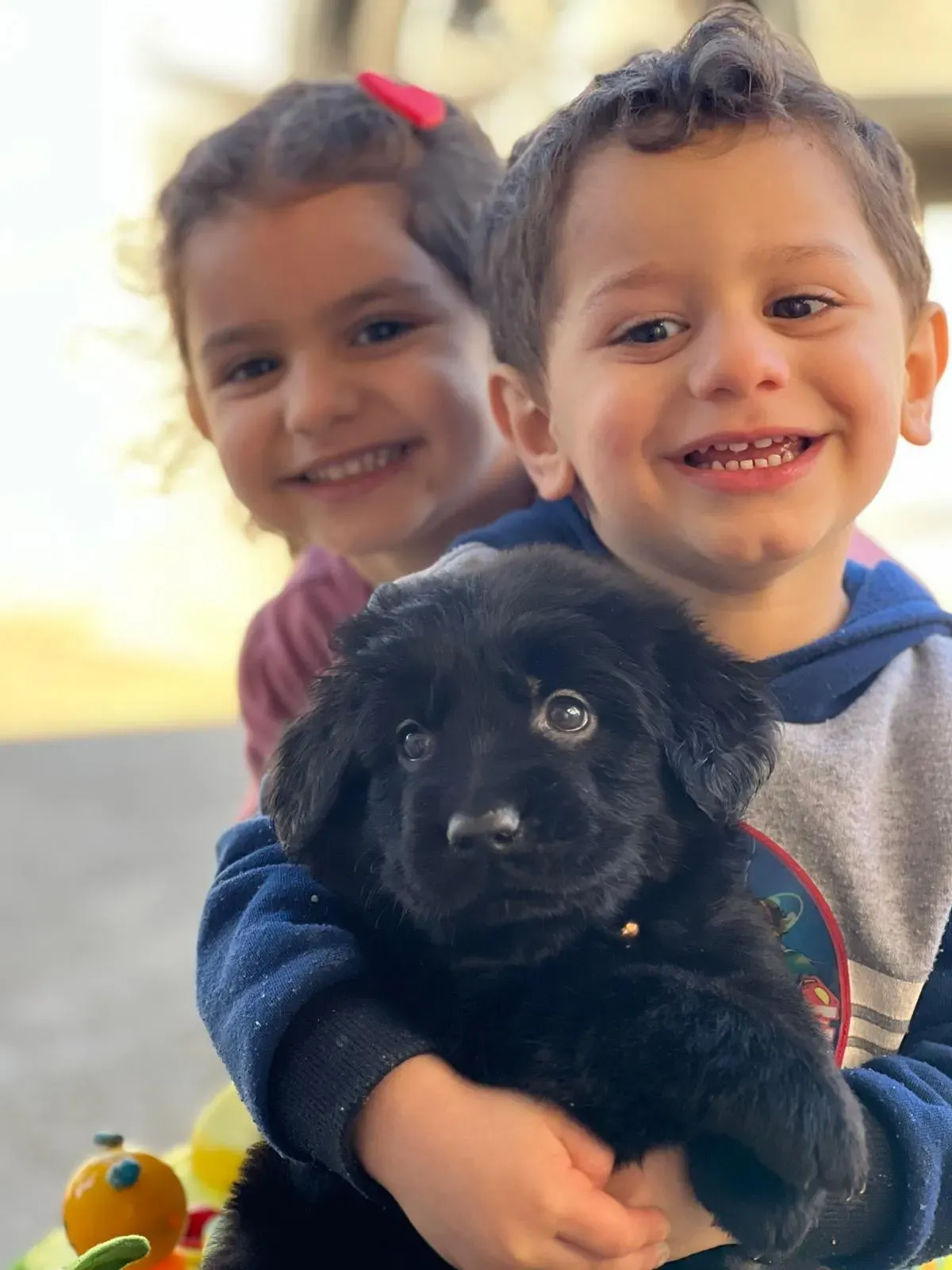 Two smiling children holding a black long coat German Shepherd puppy raised by Royal Tribes K9.